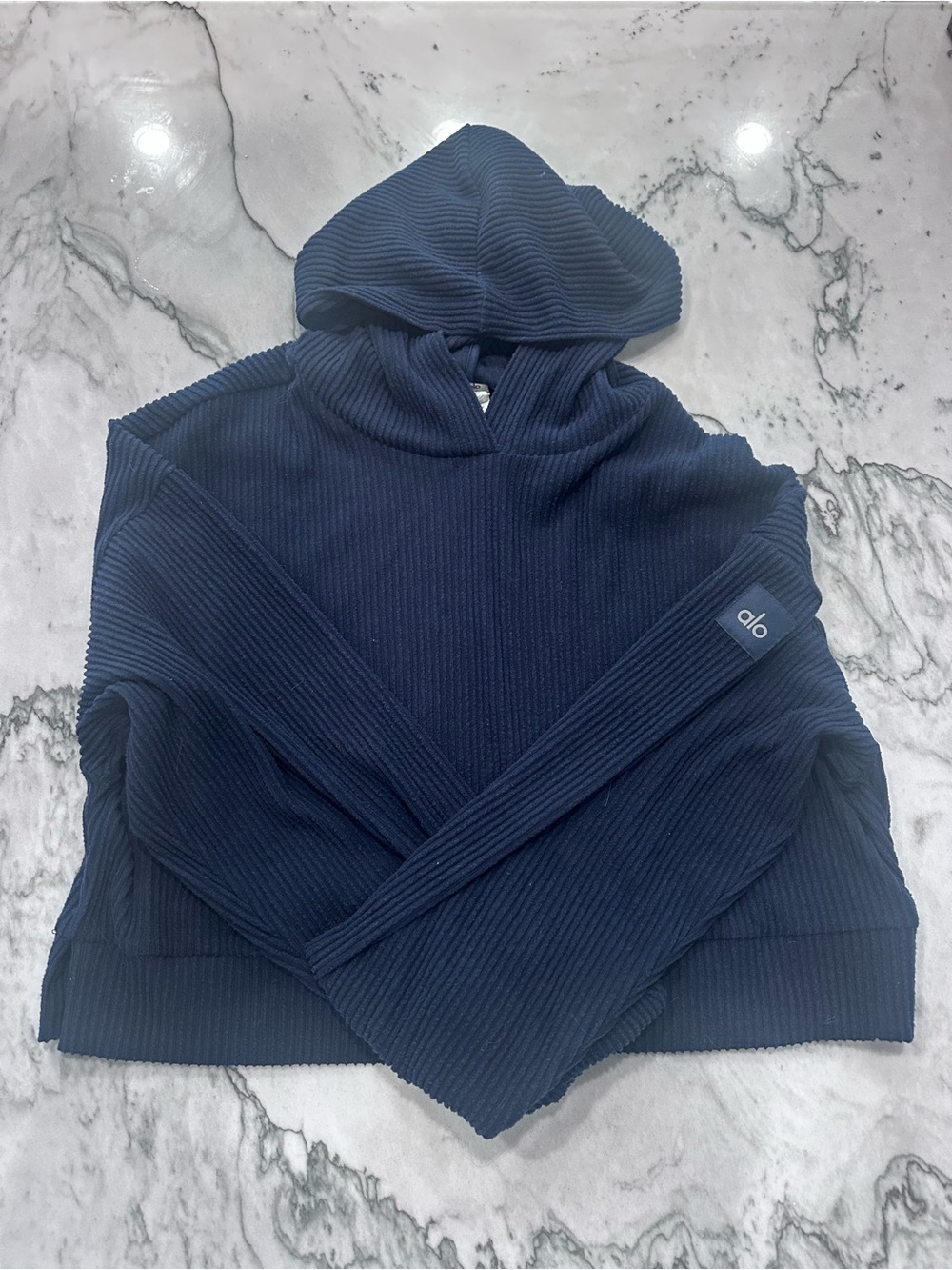 ALO Yoga Ribbed Drawstring Joggers and Matching Hoodie in Navy - Picture 2 of 4